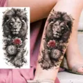 Temporary tattoo sticker featuring a black and white lion with peony and rose flowers for leg arm. - NZ351 / 19.8x9.6CM