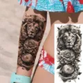 Black and white lion rose temporary tattoo sticker for arm and leg body art decoration - NZ352 / 19.8x9.6CM