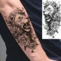 Black and white lion peony temporary tattoo sticker for arm and leg daily wear fashion. - NZ620 / 19.8x9.6CM