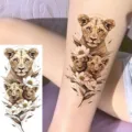 Watercolor lion peony temporary tattoo sticker for leg arm body art, realistic floral design. - NZ621 / 19.8x9.6CM
