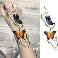 Water transfer temporary tattoo sticker featuring colorful butterflies and vine leaves for hand. - Blue-Orange Butterfly Style (FO146) / 15x7CM