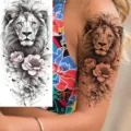 Black and white watercolor lion peony temporary tattoo sticker for arm and leg body art. - NZ622 / 19.8x9.6CM