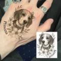 Cute beagle temporary tattoo sticker with floral bow design, waterproof arm body art decal. - HM075 (Puppy)