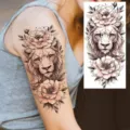 Watercolor lion peony temporary tattoo sticker for arm and leg variant style one - NZ623 / 19.8x9.6CM
