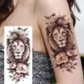 Waterproof temporary tattoo sticker featuring a watercolor lion and floral peony design for arms. - NZ625 / 19.8x9.6CM