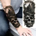 Halloween dark skull castle temporary tattoo sticker for arm and leg, waterproof style. - Skull Castle(NZ070)