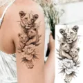 Black and white watercolor lion family and peony temporary tattoo sticker for arm and leg use. - NZ626 / 19.8x9.6CM