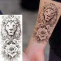 Black and white lion peony temporary tattoo sticker for arm and leg, waterproof realistic body art. - NZ627 / 19.8x9.6CM