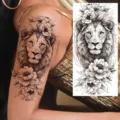 Black and white lion peony temporary tattoo sticker for arm and calf, stylish body art. - NZ628 / 19.8x9.6CM