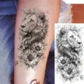 Temporary tattoo sticker featuring a black and white lion and peony flower design for arm. - NZ631 / 19.8x9.6CM