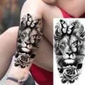 Black and white watercolor lion butterfly rose temporary tattoo sticker for arm and leg use. - NZ632 / 19.8x9.6CM
