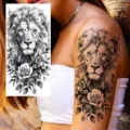 Black and white lion rose temporary tattoo sticker for arm and leg body art styling. - NZ633 / 19.8x9.6CM