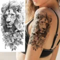 Black and white lion and floral temporary tattoo sticker for arm and leg, realistic body art. - NZ634 / 19.8x9.6CM