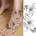 Waterproof temporary tattoo stickers, black lily flower and butterfly design for foot hand body art. - Lily Butterfly Style (FO171) / 15x7CM
