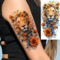 Waterproof temporary tattoo sticker featuring a majestic lion with vibrant floral watercolor design. - NZ635 / 19.8x9.6CM