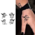 Angel cupid tattoo sticker set, black and white design for hand and body art styling. - Four Angels (HA261) / 8x8cm