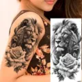 Temporary lion rose tattoo sticker for arm and leg, realistic black and grey body art design. - NZ637 / 19.8x9.6CM