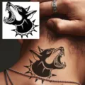 Traditional angry dog tattoo sticker featuring a fierce canine head with spiked collar design. - HA244