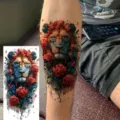 Watercolor lion and red rose temporary tattoo sticker for arm and leg body art transfer. - NZ994 / 19.8x9.6CM