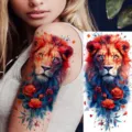Watercolor lion and rose tattoo sticker for arm and leg, vibrant temporary body art design. - NZ1215 / 19.8x9.6CM