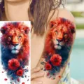 Watercolor lion and red flower temporary tattoo sticker for arm and leg use. - NZ1217 / 19.8x9.6CM
