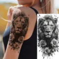 Black and white lion rose temporary tattoo sticker for arm or leg, realistic body art design. - NZ1237 / 19.8x9.6CM
