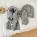 Ensemble trois pièces bonnet écharpe et gants en tricot torsadé gris chaud pour hiver. - Gris clair