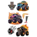 Foglio di tatuaggi temporanei da monster truck con fantastici disegni di corse e fiamme. - SW702 / 9.8x5.8cm