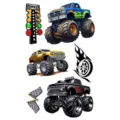 Foglio di tatuaggio temporaneo monster truck con auto da corsa bandiere e fiamme stilizzate. - SW707 / 9.8x5.8cm