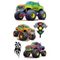 Foglio di tatuaggi temporanei di monster truck colorati con auto da corsa e bandiere. - SW710 / 9.8x5.8cm