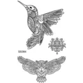 Autocollant de tatouage temporaire noir avec colibri et hibou pour art corporel. - SS364