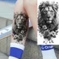 Black and white lion rose temporary tattoo sticker, waterproof body art transfer decal for arm. - NZ1238 / 19.8x9.6CM