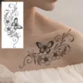 Water transfer butterfly flower tattoo sticker, elegant collarbone body art decal. - Butterfly Floral Style (FO449) / 15x7CM