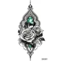Tatouage temporaire élégant avec roses noires et motif de pierre précieuse verte stylée. - 9.8x5.8cm / SS391