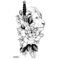 Adesivo per tatuaggio temporaneo con leone, pugnale e fiori, grafica a linee in bianco e nero. - SS853 / 9.8x5.8cm