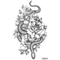 Adesivo per tatuaggio serpente e rosa in bianco e nero, squisito design d'arte floreale a linee. - SS854 / 9.8x5.8cm
