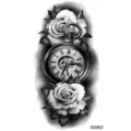 Adesivo tatuaggio temporaneo design rosa e orologio da tasca in bianco e nero arte - SS862 / 9.8x5.8cm