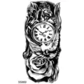 Adesivo per tatuaggio con orologio da tasca rosa in bianco e nero, adesivo per body art per braccio. - SS869 / 9.8x5.8cm