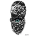 Tatuaggio temporaneo con rosa in bianco e nero, occhio blu e motivi barocchi per corpo. - SS870 / 9.8x5.8cm