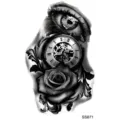Adesivo per tatuaggio temporaneo realistico nero e grigio con occhio, orologio e rosa. - SS871 / 9.8x5.8cm
