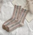 Femmes Vintage Casual Floral Chaussettes Mi-Hautes Kaki Slouchy Coton Tricot Vari - Floral Vertical