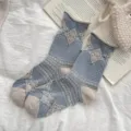 Chaussettes mi-hautes rétro à fleurs femme automne hiver coton peigné style coréen - Bleu Clair à Carreaux