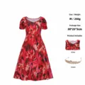 Abito svasato floreale rosso retro a maniche corte con set corona, elegante costume vintage. - Taglia S / Abito (Con Corona) / rosso retrò