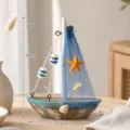 Decorazione barca a vela in legno vintage, modellino da tavolo per scrivania e lo scaffale. - Barca a Vela Blu Vintage con Rete Blu e Stella Marina