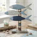 Decorazione da tavola in legno con pesci mediterranei, scultura costiera vintage. - Grande Ornamento di Pesce HY090 Invecchiato