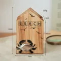 Mediterranean wooden pen holder desk organizer with crab decor, cute beach style storage box. - Medium Crab Pine Pen Holder