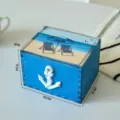 Scatola portaoggetti in legno, piccolo portagioie, tema spiaggia, 10x8x7cm decorazione. - Ancora in ferro / Blu scuro