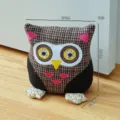 Vintage fabric owl doorstop with houndstooth pattern, decorative heavy door block for home decor. - Yellow