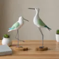 Wooden seagull figurine coastal bird decor table ornament for home decor coastal theme - Round Carved Green and White Bird Set