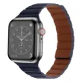 Detailed view of magnetic leather loop watch strap for smart watch, elegant dual color design. - 38mm / Indigo